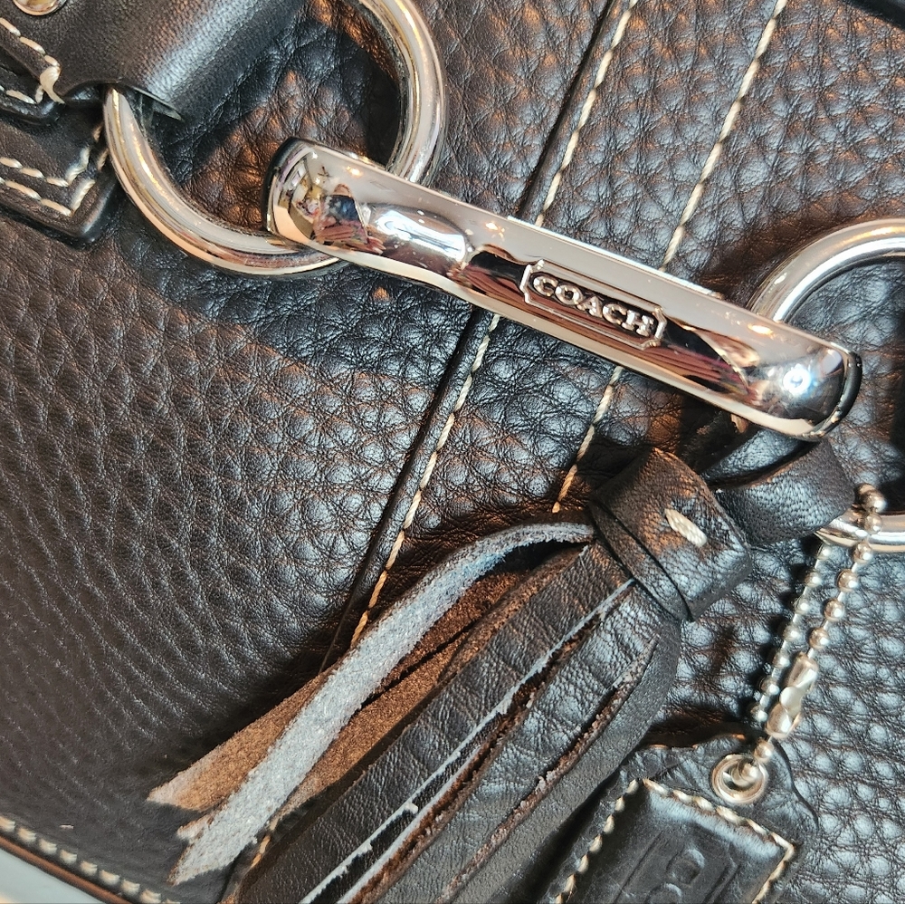 COACH HAMPTONS BRAIDED SATCHEL Black Pebbled Leather, silver-tone hardware EUC - Picture 3 of 13